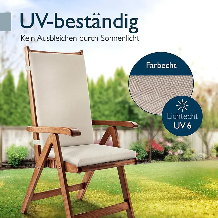 Beautissu Sitzauflage QD-HL - Hochlehner, 1 Stk., Polyester, Beige - Ein Gartenstuhl aus Holz mit hellen, UV-beständigen Polstern im Garten.