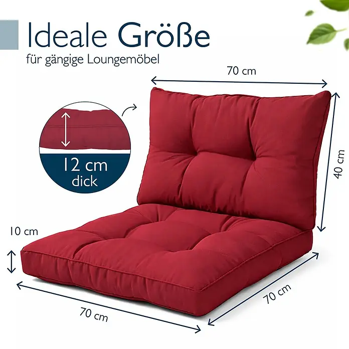 Beautissu Sitzauflage XLuna - Outdoor Lounge, 2 Stk., Polyester, Rot - Rotes getuftetes Loungemöbelkissen-Set mit 70x70 cm Sitz (10 cm dick) und 70x40 cm Rücken (12 cm dick).