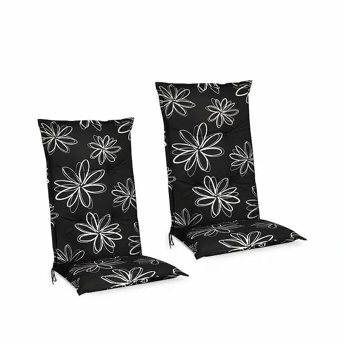 Beautissu Sitzauflage Flores - Hochlehner, 2 Stk., L x B x H: 120 x 50 x 6 cm, Baumwolle, Polyester, Mehrfarbig - Zwei schwarze Stuhlkissen mit weißen Blumenmustern, gesteppt.
