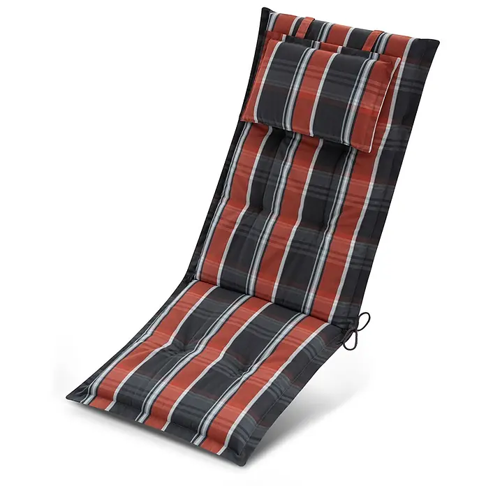 Beautissu Sitzauflage Highlux HL - Hochlehner, 1 Stk., Polyester, Grau-Orange-Weiß-Kariert - Kariertes Sonnenliegekissen mit integriertem Kopfteil und Bändern in Rot, Schwarz, Weiß und Grau.