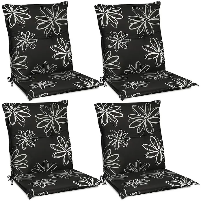 Beautissu Sitzauflage Sunny NL - Niederlehner, 4 Stk., Polyester, Mehrfarbig - Vier schwarze Hochlehner-Stuhlkissen mit weißem Blumenmuster.