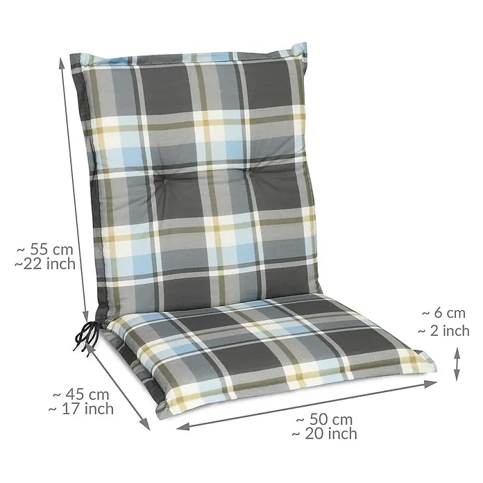 Beautissu Sitzauflage Sunny NL - Niederlehner, 4 Stk., L x B x H: 100 x 50 x 6 cm, Polyester, Blau - Kariertes Stuhlkissen in Grau, Weiß, Blau und Gelb mit Sitz- und Rückenlehne, Maße sichtbar.