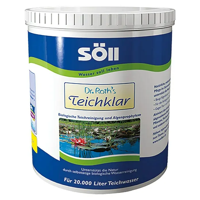 Söll Algenprophylaxe Dr. Roth's Teichklar - 1 kg - Das Produkt ist Söll Dr. Roth's Teichklar, ein biologisches Teichreinigungsmittel und Algenprophylaxe für 20.000 Liter Teichwasser.