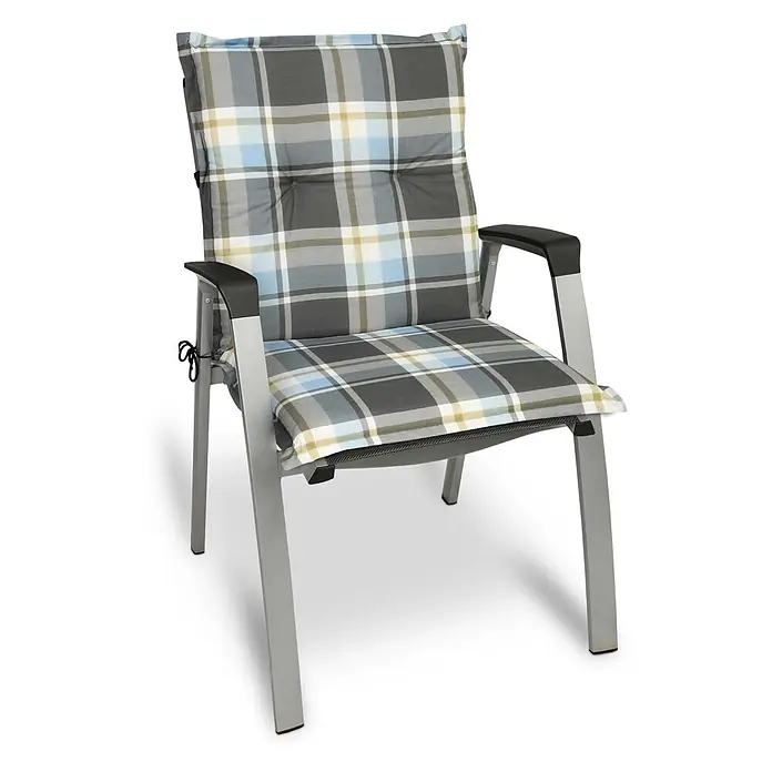 Beautissu Sitzauflage Sunny NL - Niederlehner, 4 Stk., L x B x H: 100 x 50 x 6 cm, Polyester, Blau - Gartenstuhl mit silbernem Gestell, schwarzen Armlehnen und grau/blau kariertem Kissen.
