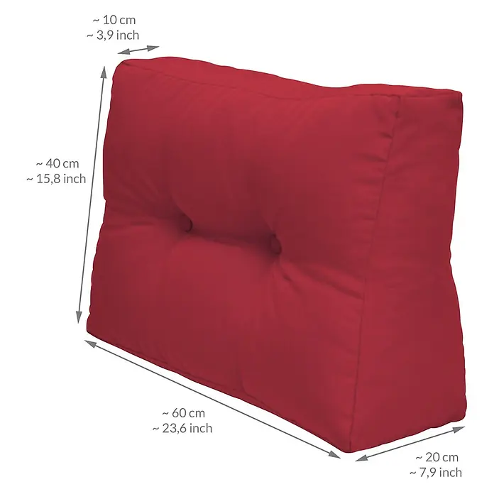 Beautissu Sitzauflage ECO Elements - Europalette, 2 Stk., Polyester, Rot - Rotes dreieckiges Rückenkissen mit Zierknöpfen.