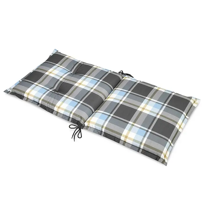 Beautissu Sitzauflage Sunny NL - Niederlehner, 4 Stk., L x B x H: 100 x 50 x 6 cm, Polyester, Blau - Zweiteiliges kariertes Kissen in Grau, Blau, Weiß und Gelb/Beige mit schwarzen Bindebändern.