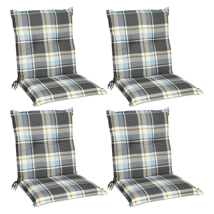 Beautissu Sitzauflage Sunny NL - Niederlehner, 4 Stk., L x B x H: 100 x 50 x 6 cm, Polyester, Blau - Vier karierte Stuhlkissen in Grau, Blau und Gelb, mit Polsterung und Bändern zur Befestigung.