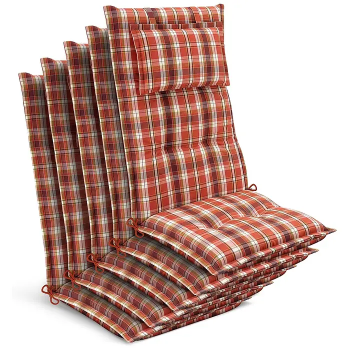 Beautissu Sitzauflage Highlux HL - Hochlehner, 5 Stk., Polyester, Orange-Rot-Grün-Kariert - Mehrere rot-weiß-braun karierte Gartenstuhlauflagen mit Bindebändern gestapelt.