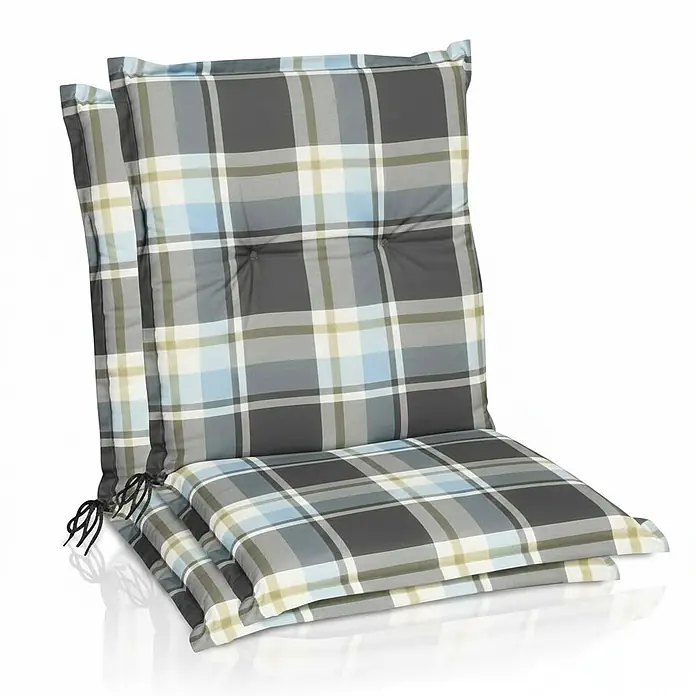 Beautissu Sitzauflage Sunny NL - Niederlehner, 2 Stk., L x B x H: 100 x 50 x 6 cm, Polyester, Blau - Zwei karierte Stuhlkissen in Grau, Blau und Creme, gesteppt für Sitzkomfort.