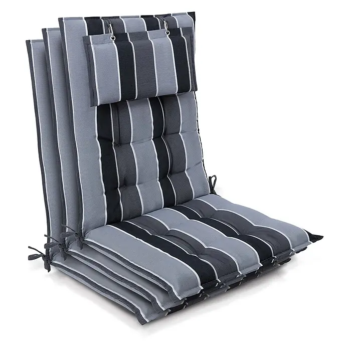 Beautissu Sitzauflage Sun-HL - Hochlehner, 3 Stk., Polyester, Anthrazit - Gestreiftes grau-schwarz-weißes Stuhlkissen mit Bändern und Haken, geeignet für Gartenmöbel.