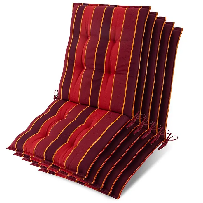 Beautissu Sitzauflage Sun-NL - Niederlehner, 5 Stk., L x B x H: 100 x 50 x 8 cm, Polyester, Rot - Gestapelte rot-braun gestreifte Stuhlkissen mit orangefarbenen Akzenten und Bändern.