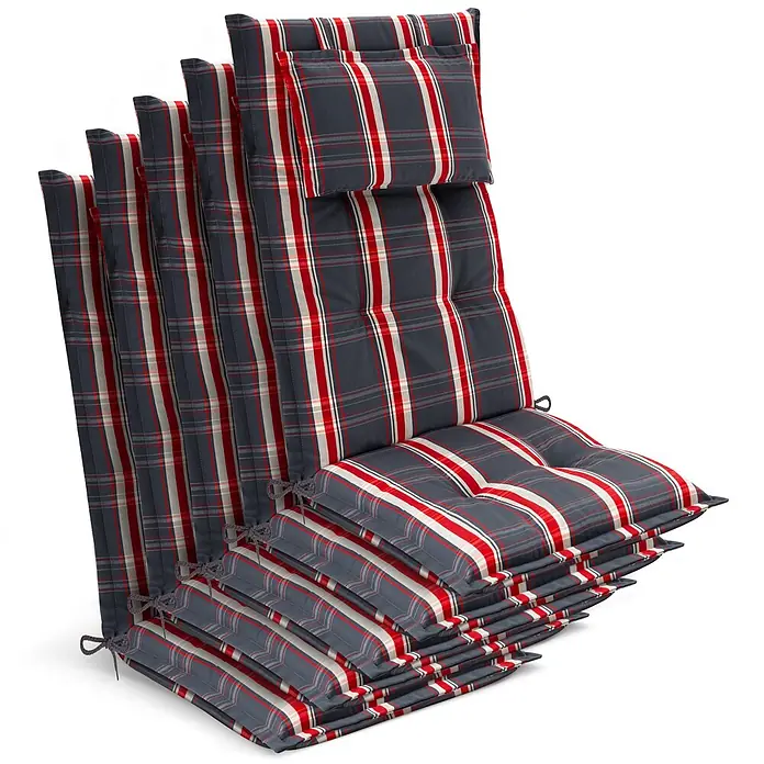 Beautissu Sitzauflage Highlux HL - Hochlehner, 5 Stk., Polyester, Grau-Rot-Kariert - Stapel karierter Stuhlkissen in Dunkelgrau, Rot und Weiß, jedes mit Befestigungsbändern.
