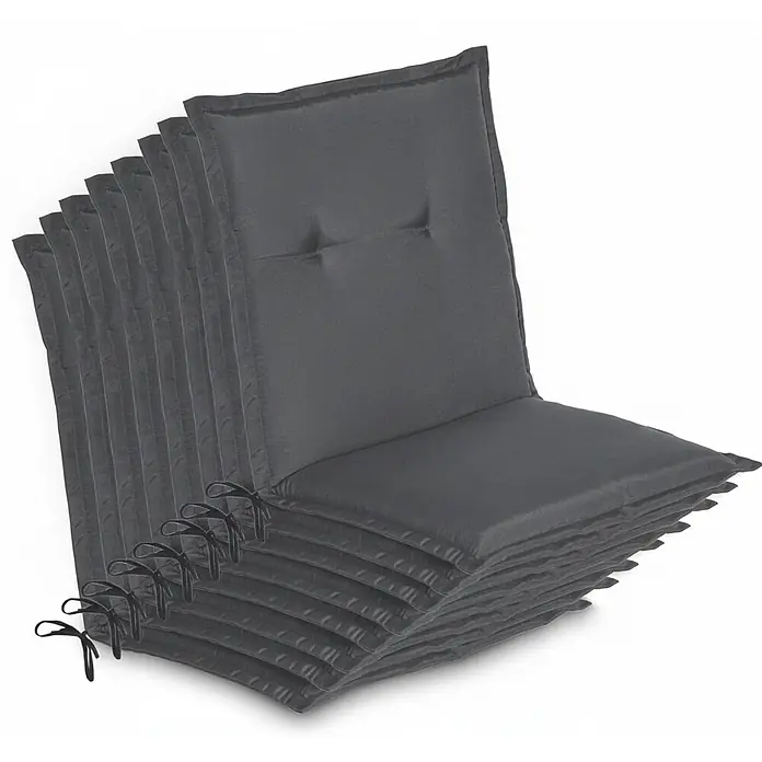 Beautissu Sitzauflage Loft Nl - Niederlehner, 8 Stk., L x B x H: 100 x 50 x 6 cm, Polyester, Graphitgrau - Stapel dunkelgrauer Outdoor-Stuhlkissen mit Rücken- und Sitzteilen sowie Bindebändern.