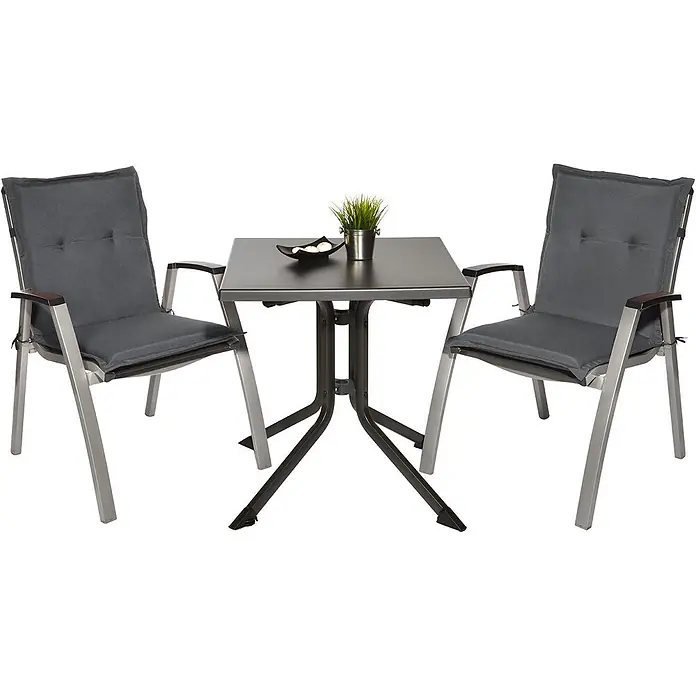 Beautissu Sitzauflage Loft Nl - Niederlehner, 8 Stk., L x B x H: 100 x 50 x 6 cm, Polyester, Graphitgrau - Dunkelgraues Outdoor-Bistro-Set mit zwei Stühlen und quadratischem Tisch, silbernen Metallrahmen und Armlehnen in Holzoptik.