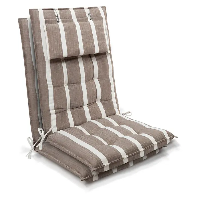 Beautissu Sitzauflage Sun-HL - Hochlehner, 2 Stk., Polyester, Natur-Weiß gestreift - Braun-weiß gestreiftes, gestepptes Stuhlkissen mit Bindebändern.