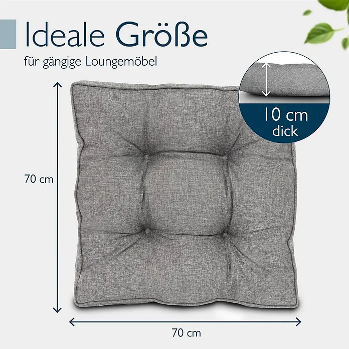 Beautissu Sitzauflage Beauflair - Outdoor Lounge, 1 Stk., L x B x H: 70 x 10 x 70 cm, Polyester, Hellgrau - Graues, gestepptes Sitzkissen aus Stoff, 70x70 cm und 10 cm dick.