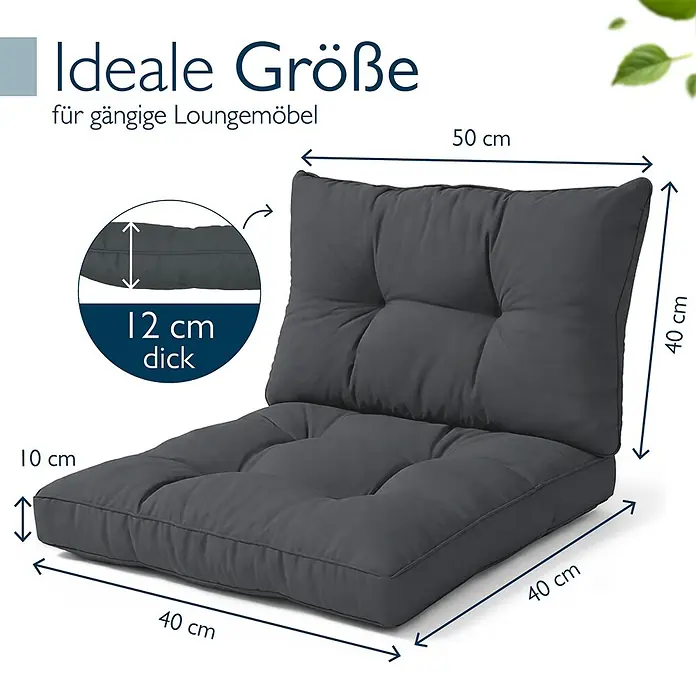 Beautissu Sitzauflage XLuna - Outdoor Lounge, 2 Stk., Polyester, Graphitgrau - Dunkelgraues Loungekissen-Set mit Sitz- und Rückenpolster für gängige Loungemöbel, mit angegebenen Maßen.