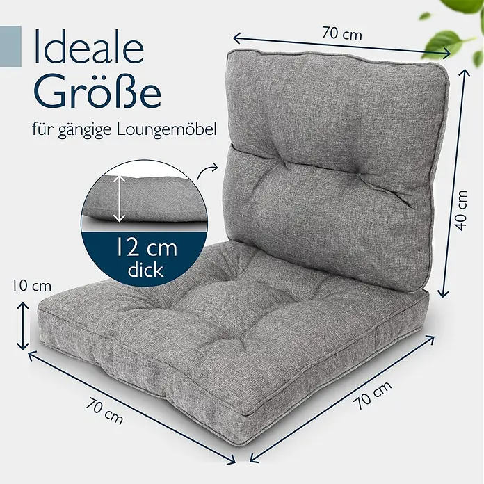 Beautissu Sitzauflage Beauflair LK - Outdoor Lounge, 2 Stk., Polyester, Hellgrau - Graues Stoff-Lounge-Kissen-Set mit gestepptem Sitz und Rückenlehne, ideal für gängige Loungemöbel, Maße angezeigt.