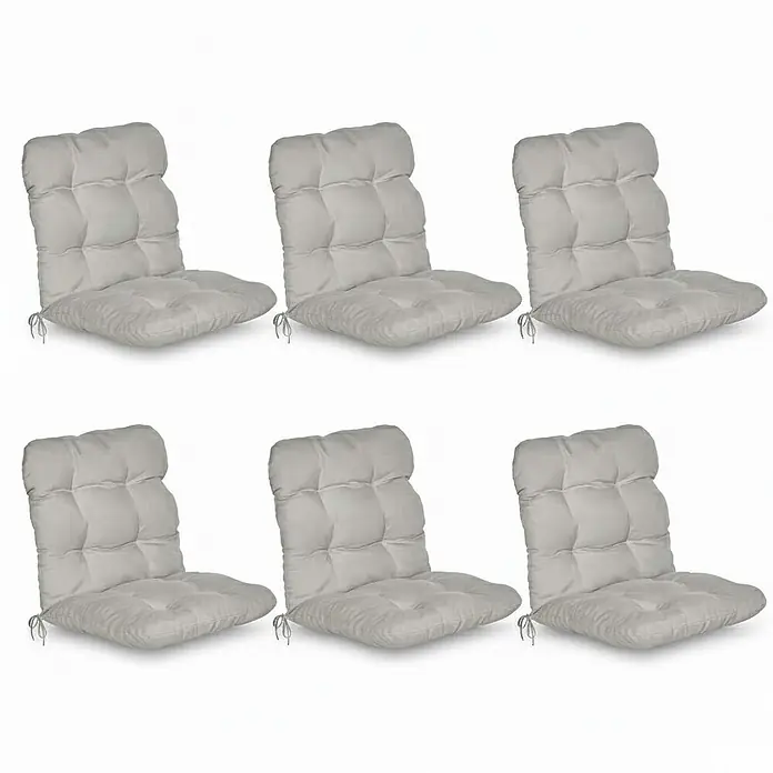Beautissu Sitzauflage Flair NL - Niederlehner, 6 Stk., Polyester, Hellgrau - Sechs hellgraue gesteppte Stuhlkissen mit Bändern.