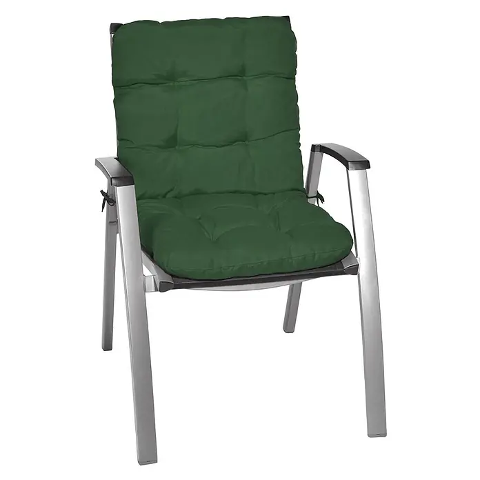 Beautissu Sitzauflage Flair NL - Niederlehner, 4 Stk., L x B x H: 100 x 50 x 8 cm, Polyester, Dunkelgrün - Silberfarbener Gartenstuhl mit schwarzen Armlehnen und einem dunkelgrünen, gesteppten Kissen.
