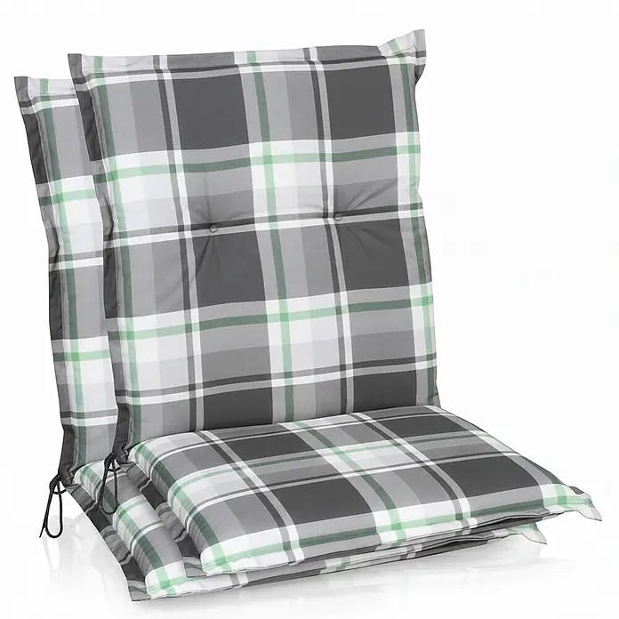 Beautissu Sitzauflage Sunny NL - Niederlehner, 2 Stk., Polyester, Mintgrün - Zwei grau, weiß und grün karierte Stuhlkissen mit Bändern.