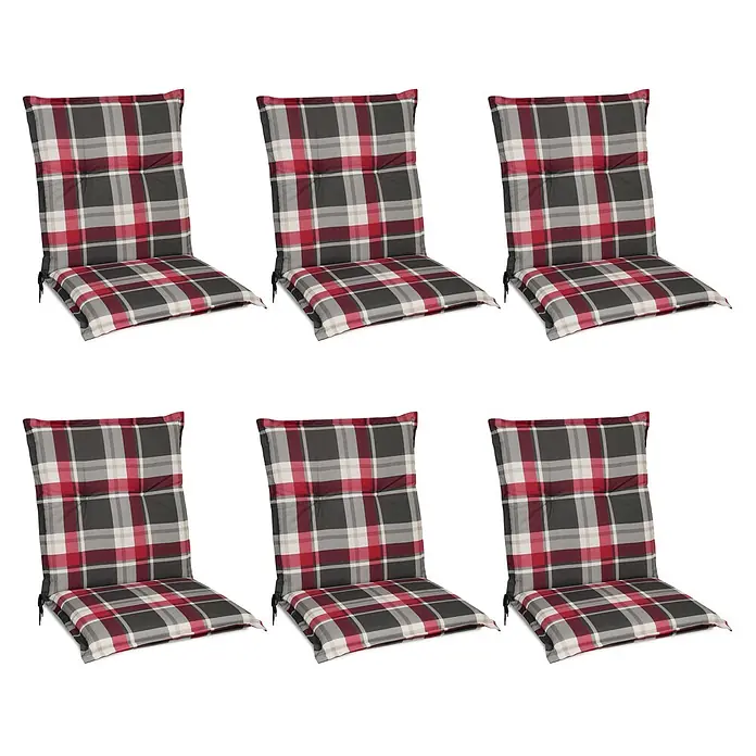 Beautissu Sitzauflage Sunny NL - Niederlehner, 6 Stk., Polyester, Bordeaux - Sechs karierte Stuhlkissen in Dunkelgrau, Rot und Weiß, mit Bändern zur Befestigung.