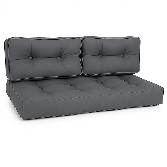 Beautissu Sitzauflage Eco Style - Europalette, 2 Stk., L x B x H: 120 x 80 x 15 cm, Polyester, Graphitgrau - Graues getuftetes Outdoor-Palettenkissen-Set mit einem Sitz- und zwei Rückenkissen.