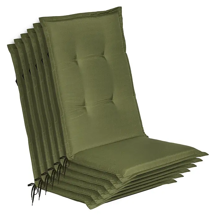 Beautissu Sitzauflage Loft HL - Hochlehner, 6 Stk., L x B x H: 0 x 0 x 0 cm, Polyester, Olivgrün - Stapel olivgrüner, gepolsterter Stuhlkissen mit gesteppten Rückenlehnen und Bindebändern.