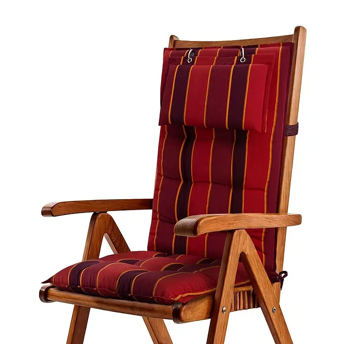Beautissu Sitzauflage Sun-HL - Hochlehner, 1 Stk., Polyester, rot-gestreift - Holzstuhl mit rot, weinrot und gelb gestreifter Auflage und Kopfstütze.