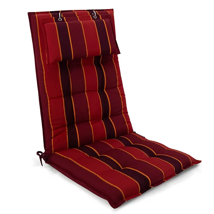 Beautissu Sitzauflage Sun-HL - Hochlehner, 1 Stk., Polyester, rot-gestreift - Gestreifte rot-bordeauxfarbene Outdoor-Stuhlkissen mit orangefarbenen Akzenten, Knöpfen und Metallhaken zur Befestigung.