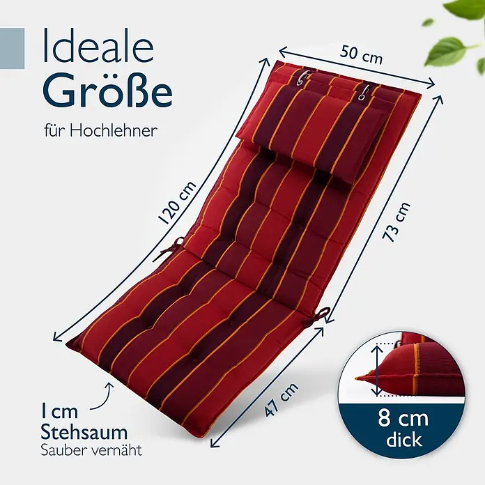 Beautissu Sitzauflage Sun-HL - Hochlehner, 1 Stk., Polyester, rot-gestreift - Gestreiftes Liegestuhlkissen in Rot und Bordeaux mit gelben Akzenten, 193 cm lang, 50 cm breit (Kopf) / 47 cm breit (Sitz), 8 cm dick.