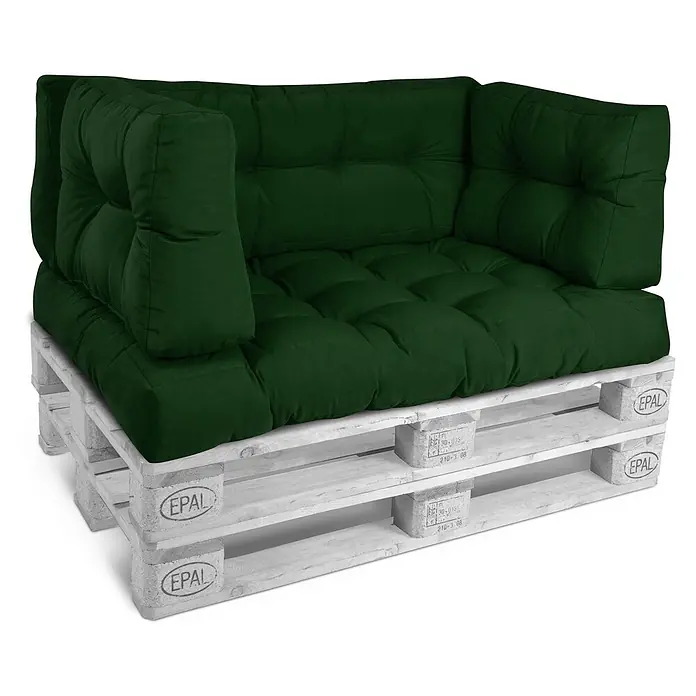 Beautissu Sitzauflage Eco Style - Europalette, 2 Stk., L x B x H: 120 x 40 x 10 cm, Polyester, Dunkelgrün - Dunkelgrünes getuftetes Palettenkissen-Set auf weißen Holzpaletten, bildet eine Eckbank.
