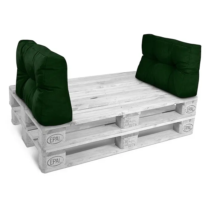 Beautissu Sitzauflage Eco Style - Europalette, 2 Stk., L x B x H: 120 x 40 x 10 cm, Polyester, Dunkelgrün - Dunkelgrüne Rückenkissen auf einer weiß lasierten Palettensofabasis.