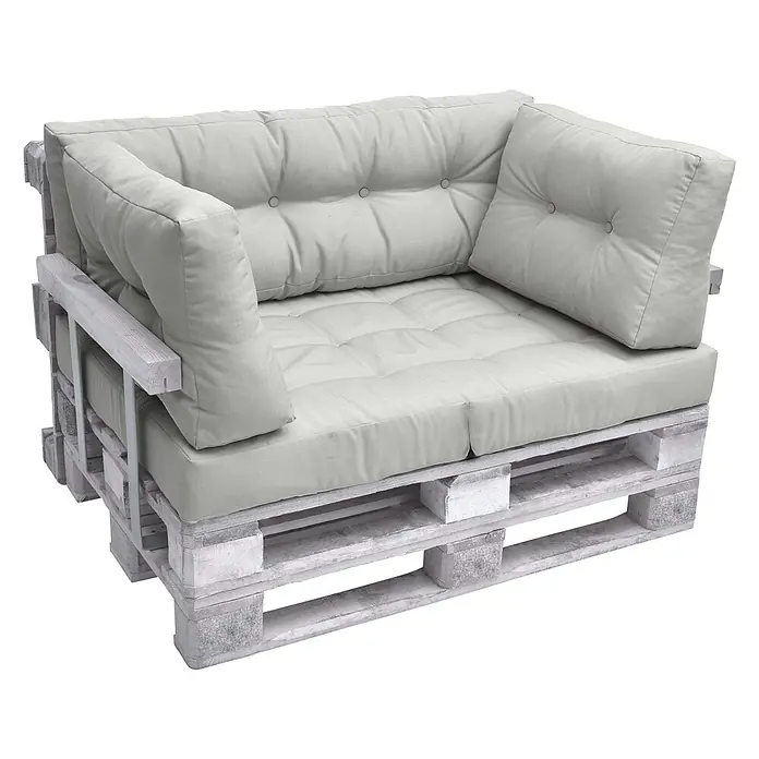 Beautissu Sitzauflage ECO Elements - Europalette, 2 Stk., Polyester, Hellgrau - Palettensofa mit hellgrauen Kissen, das seine Holzstruktur und bequeme Sitzfläche zeigt.