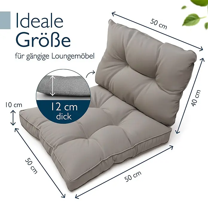 Beautissu Sitzauflage Flair Outdoor - Outdoor Lounge, 2 Stk., L x B x H: 50 x 50 x 22 cm, Polyester, Hellgrau - Helles graues Lounge-Kissen-Set aus Stoff: Sitz 50x50x10 cm, Rücken 50x40 cm.