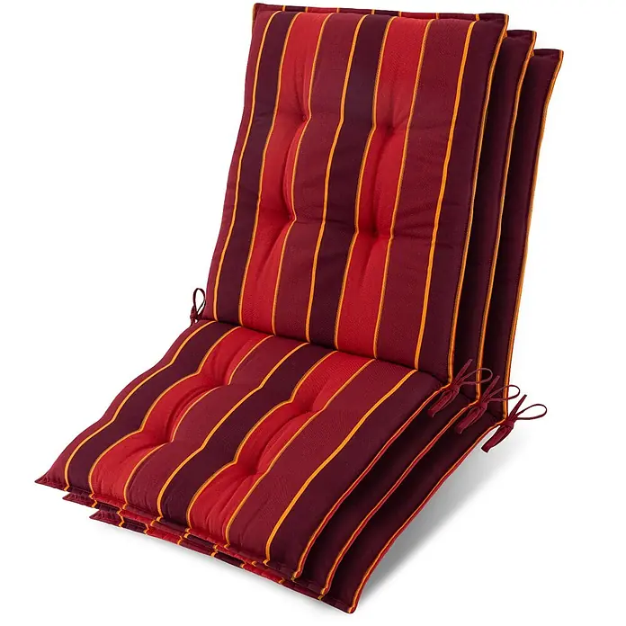 3x Niederlehner Sun-NL Auflage 100x50x8cm Rot-Gestreift -  - Gestreiftes Stuhlkissen in Rot, Dunkelrot und Orange, mit Bändern zur Befestigung.