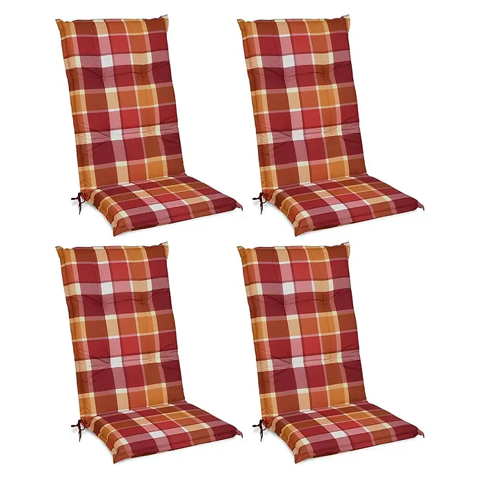 Beautissu Sitzauflage Sunny HL - Hochlehner, 4 Stk., L x B x H: 120 x 50 x 6 cm, Polyester, Rot - Vier getuftete Stuhlkissen mit einem rot, orange und weiß karierten Muster und Bändern.