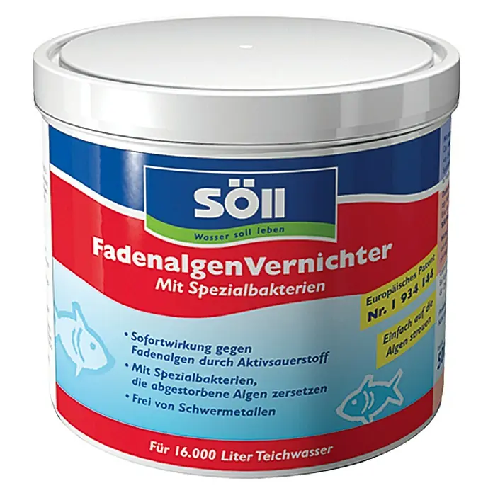 Söll Fadenalgenvernichter - 500 g, 16.000 l, Geeignet für: Fadenalgen - Produktbild von Söll FadenalgenVernichter, einem Mittel zur Bekämpfung von Fadenalgen in Teichen, das mit Spezialbakterien arbeitet.