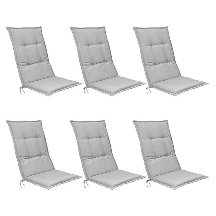 Beautissu Sitzauflage Base HL - Hochlehner, 6 Stk., Polyester, Hellgrau - Sechs graue, gepolsterte Stuhlkissen mit Bändern zur Befestigung.