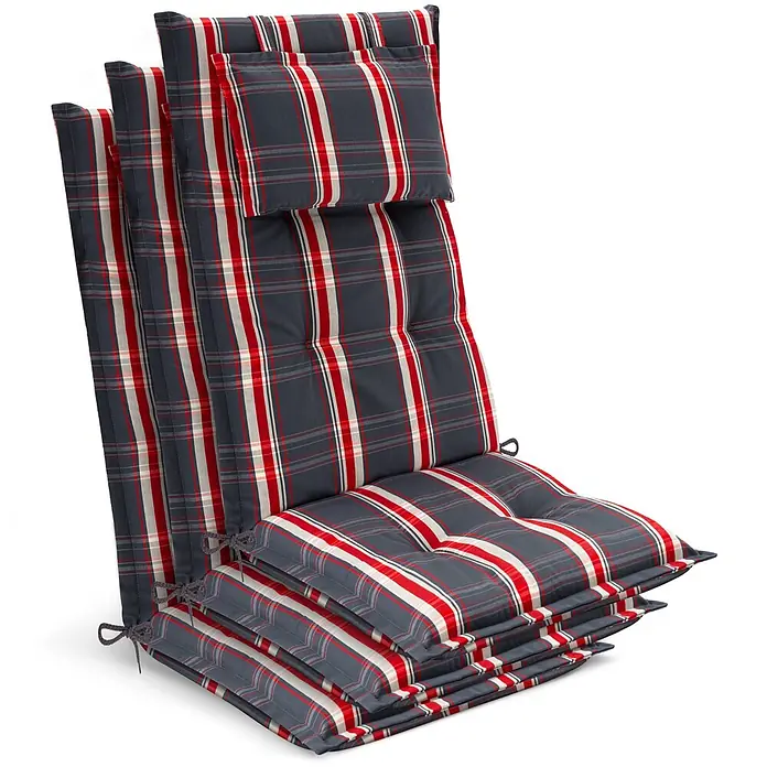 Beautissu Sitzauflage Highlux HL - Hochlehner, 3 Stk., Polyester, Grau-Rot-Kariert - Gestepptes kariertes Stuhlkissen-Set in Rot, Weiß und Dunkelgrau, mit Bändern.