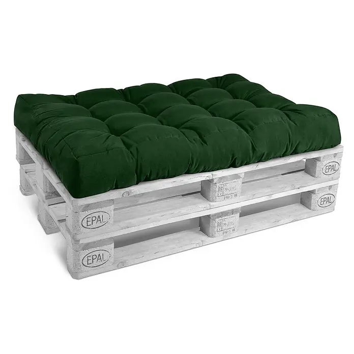 Beautissu Sitzauflage Eco Style - Europalette, 1 Stk., Polyester, Dunkelgrün - Dunkelgrünes getuftetes Kissen auf gestapelten weißen Holzpaletten.