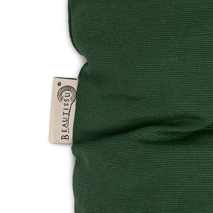 Beautissu Sitzauflage Eco Style - Europalette, 1 Stk., Polyester, Dunkelgrün - Dunkelgrüner Stoff mit beigefarbenem Label, das 'BEAUTISSU' zeigt.