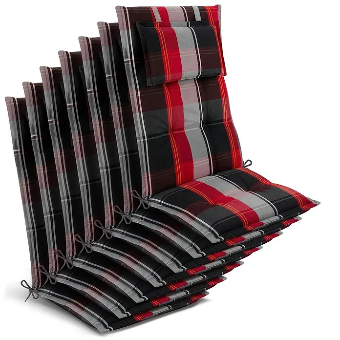Beautissu Sitzauflage Highlux HL - Hochlehner, 7 Stk., Polyester, Schwarz-Rot-Weiß-Kariert - Set roter, schwarzer, grauer und weißer karierter Stuhlkissen mit Bändern.