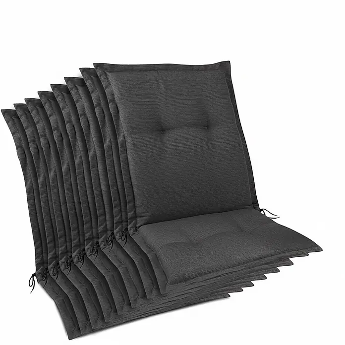 Beautissu Sitzauflage HighLux NL - Niederlehner, 8 Stk., L x B x H: 105 x 50 x 7 cm, Polyester, Anthrazit - Gestapelte dunkelgraue Outdoor-Stuhlkissen mit Bindebändern.