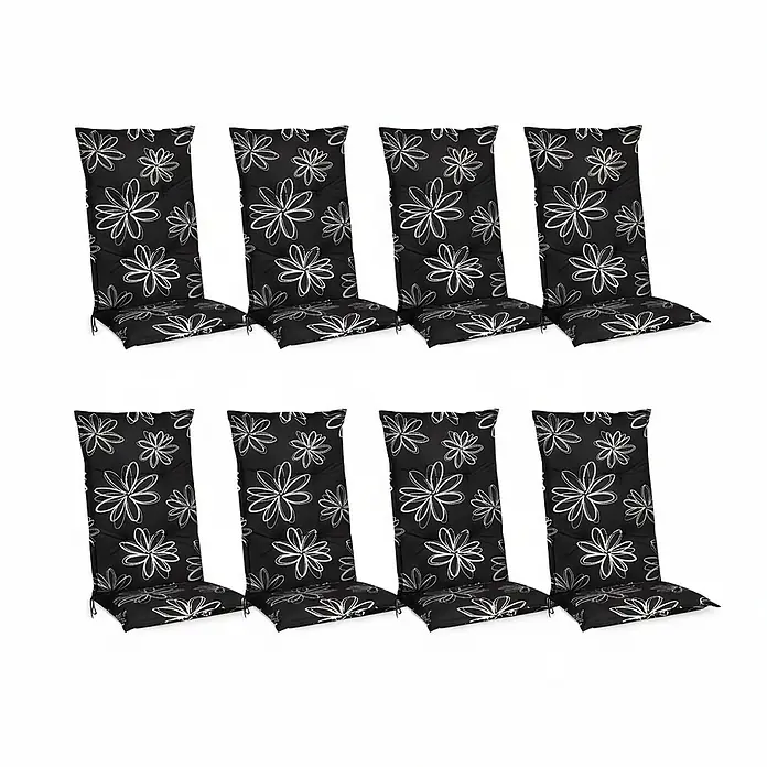 8er Set Hochlehner für Gartenstuhl Flores, 120x50x6cm, Schwarz -  - Acht schwarze Stuhlkissen mit weißem Blumenmuster.