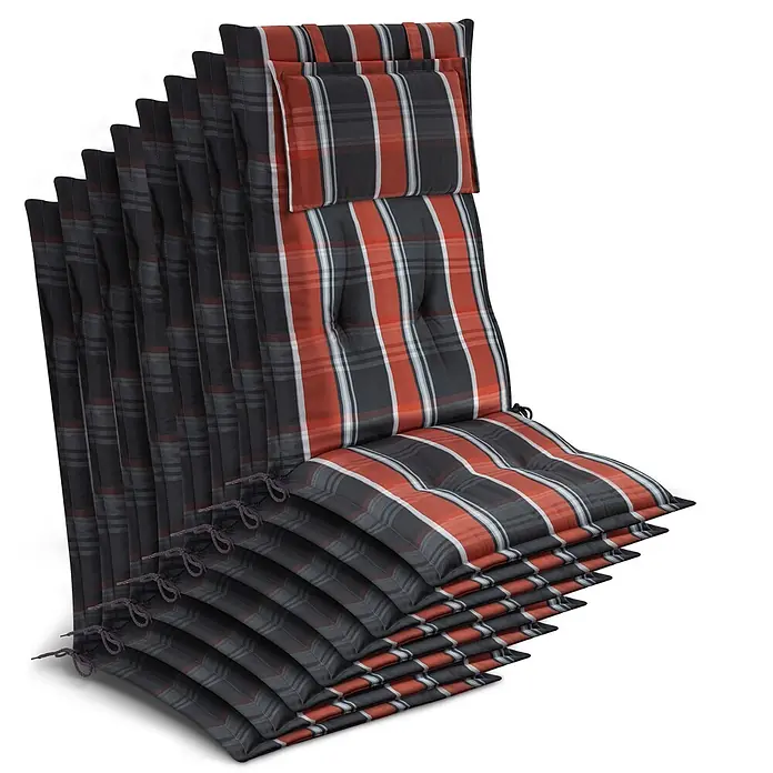 Beautissu Sitzauflage Highlux HL - Hochlehner, 8 Stk., Polyester, Grau-Orange-Weiß-Kariert - Stapel rot-schwarz-weiß karierter Stuhlkissen, gesteppt und mit Bändern zur Befestigung.