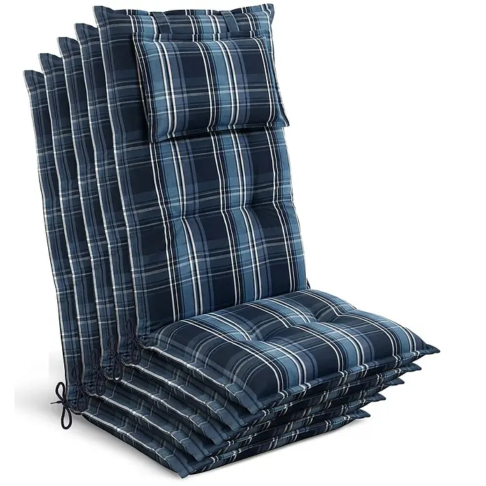 Beautissu Sitzauflage Highlux HL - Hochlehner, 5 Stk., L x B x H: 120 x 52 x 7 cm, Polyester, Blau-Weiß-Kariert - Gestapelte blaue karierte Outdoor-Stuhlkissen mit Bändern.