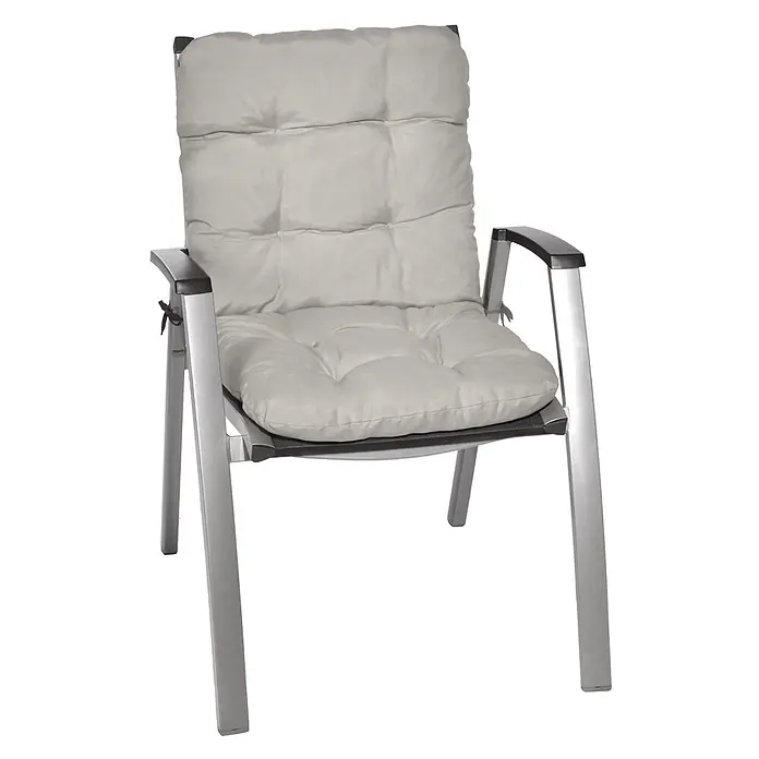 Beautissu Sitzauflage Flair NL - Niederlehner, 4 Stk., L x B x H: 100 x 50 x 8 cm, Polyester, Hellgrau - Outdoorstuhl mit silbernem Gestell, schwarzen Armlehnen und Sitzfläche, ausgestattet mit einem bequemen hellgrauen Polster.