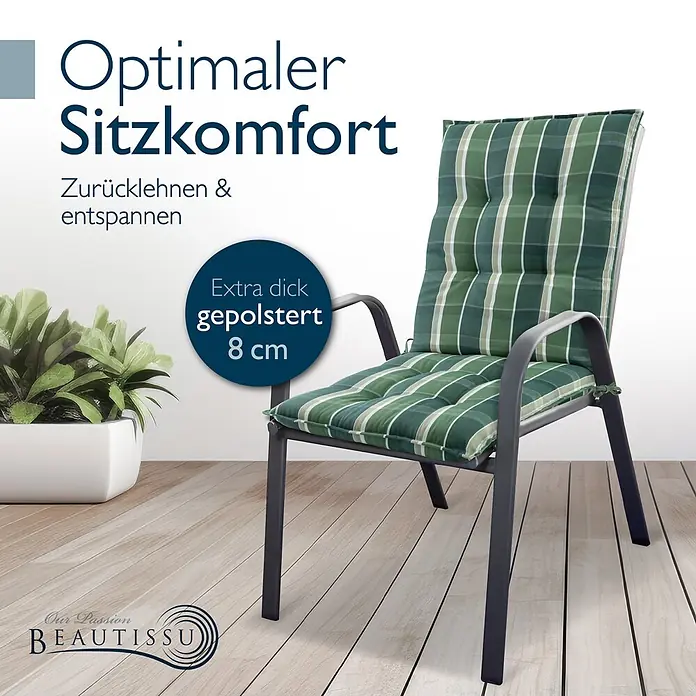 Beautissu Sitzauflage Sun-NL - Niederlehner, 1 Stk., Polyester, grün-Kariert - Gartenstuhl mit 8 cm dickem, grün-weiß kariertem Kissen für optimalen Sitzkomfort.