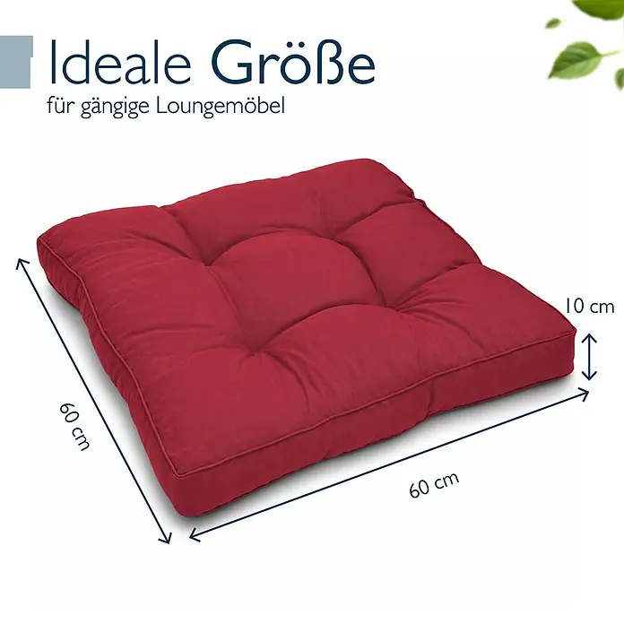 Beautissu Sitzauflage XLuna - Outdoor Lounge, 1 Stk., L x B x H: 60 x 60 x 10 cm, Polyester, Rot - Rotes quadratisches Stoffkissen, gesteppt, 60x60x10 cm. Ideal für Loungemöbel.